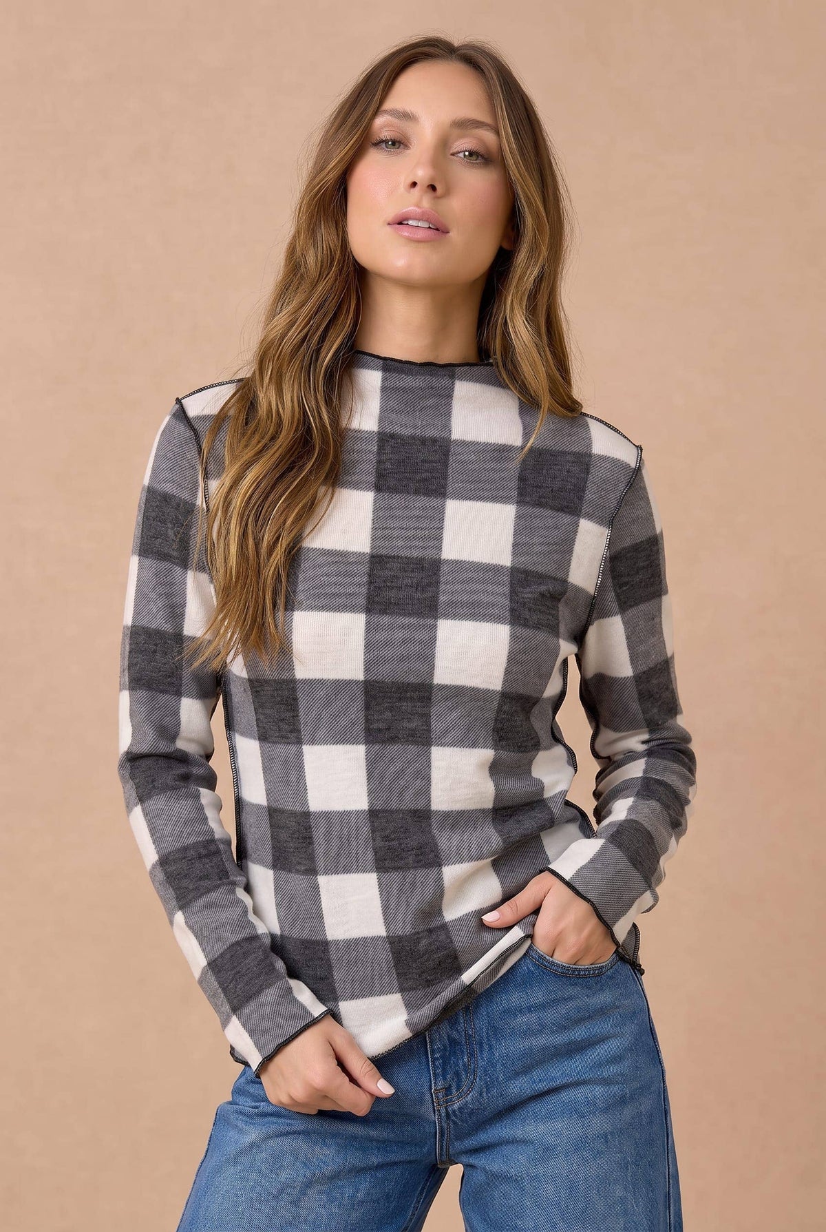 Buffalo Check Mock Neck Long Sleeve Knit Top