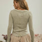WASHED LONG SLEEVE RIBBED HENLEY KNIT TOP