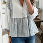 Stripe Button Gauze Bracelet Sleeve Babydoll Blouse