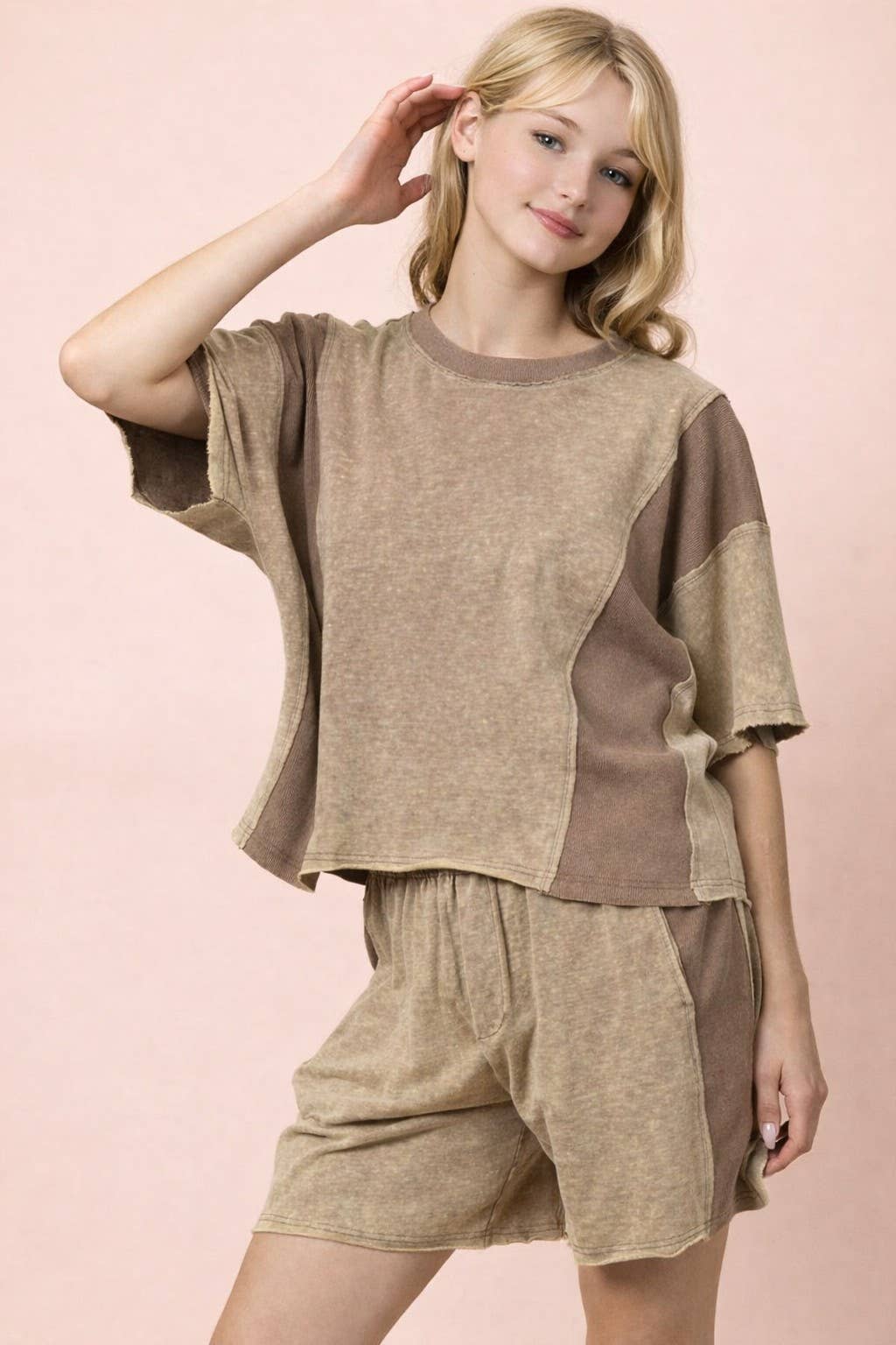 Mineral Washed Casual Knit Top & Short Plus Sized