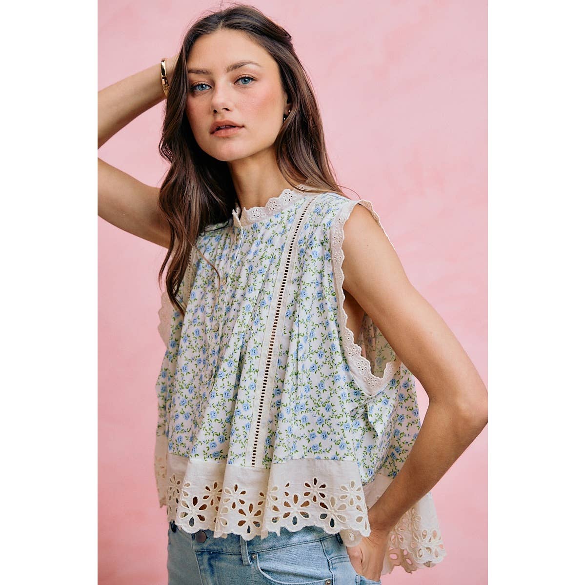 FLORAL PRINT WOVEN BUTTON DOWN TRIMMED BLOUSE TOP