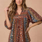 Mixed Print Notched Babydoll Top