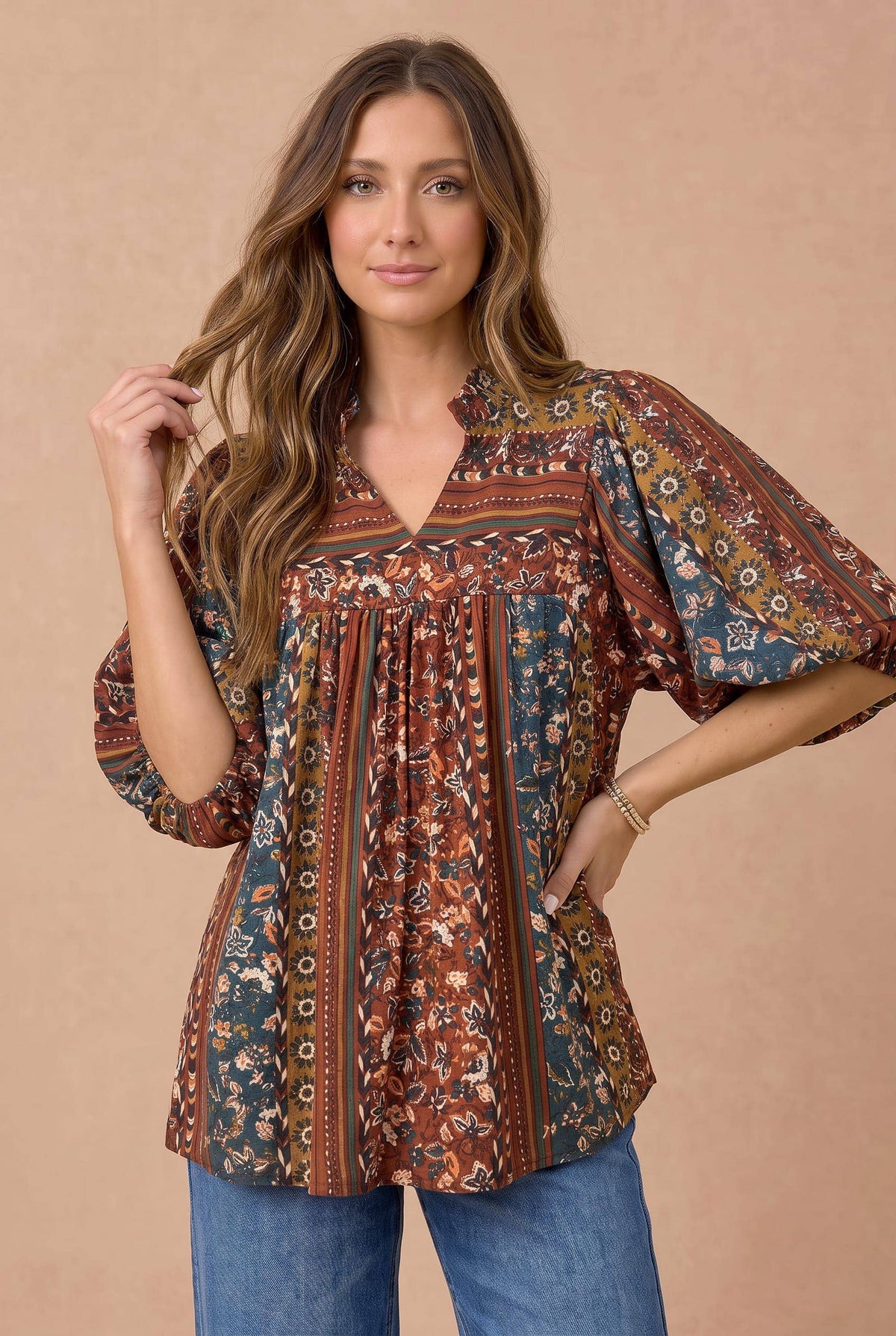 Mixed Print Notched Babydoll Top