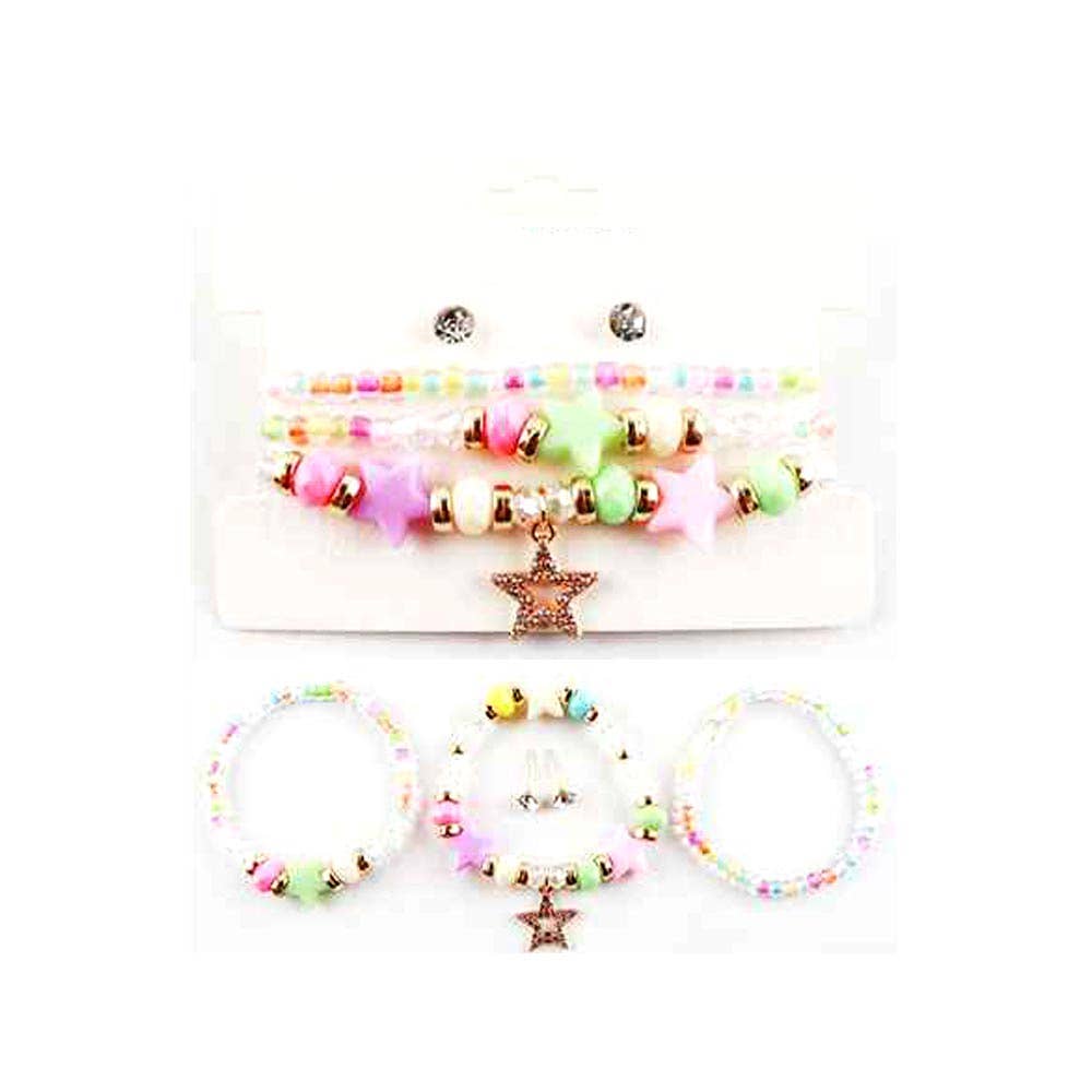 12 SET OF 4 - Kids Star Charm Beaded Stretch Bracelet Earring Set
