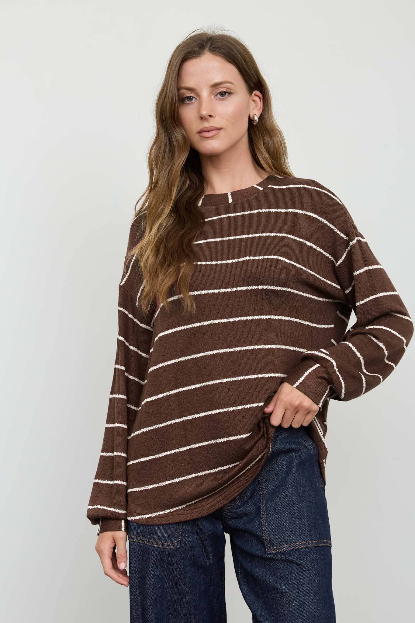 STRIPE LONG SLEEVE CUFFED RELAXED KNIT TOP