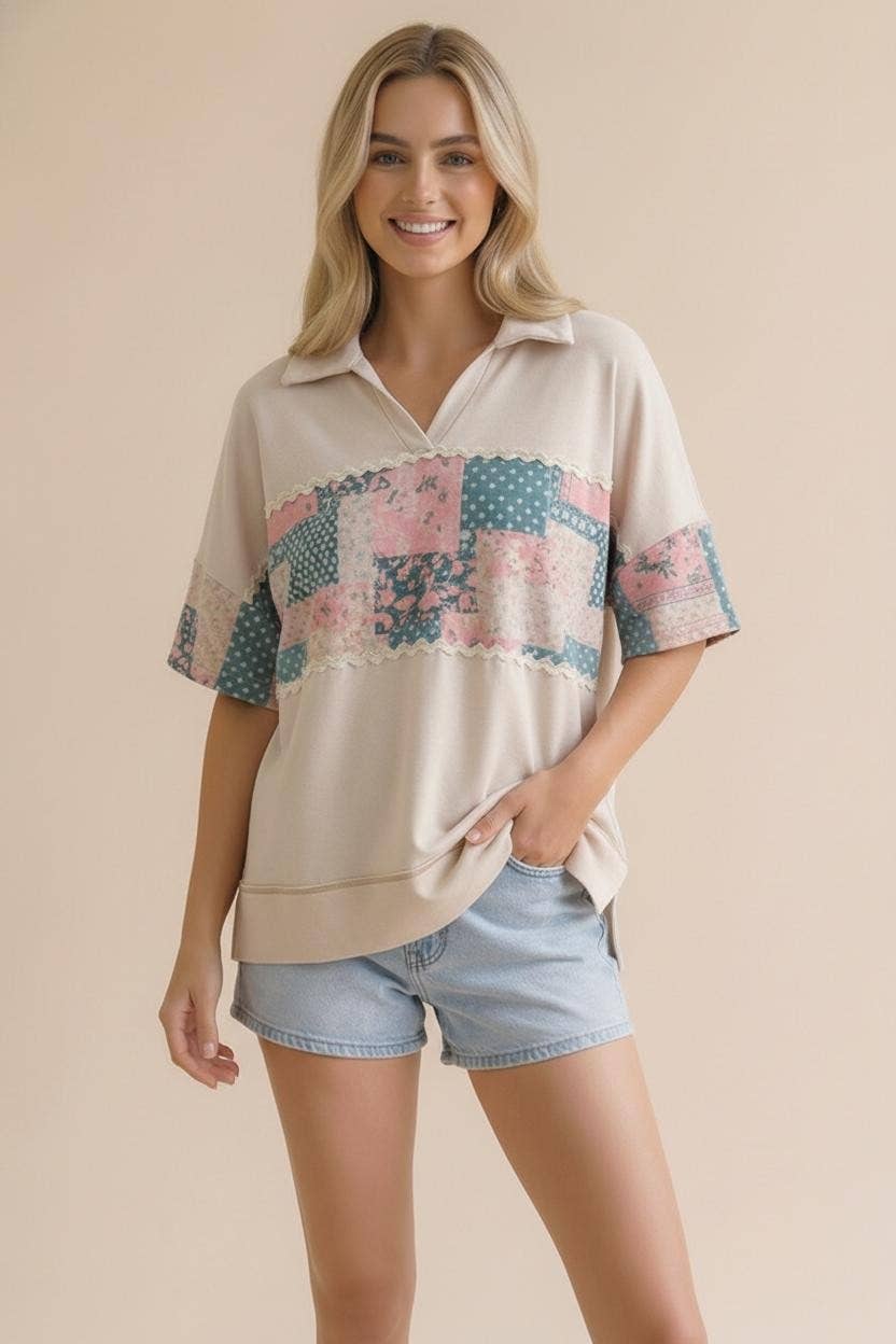 Collared Notch Neck Floral Patchwork Print Top