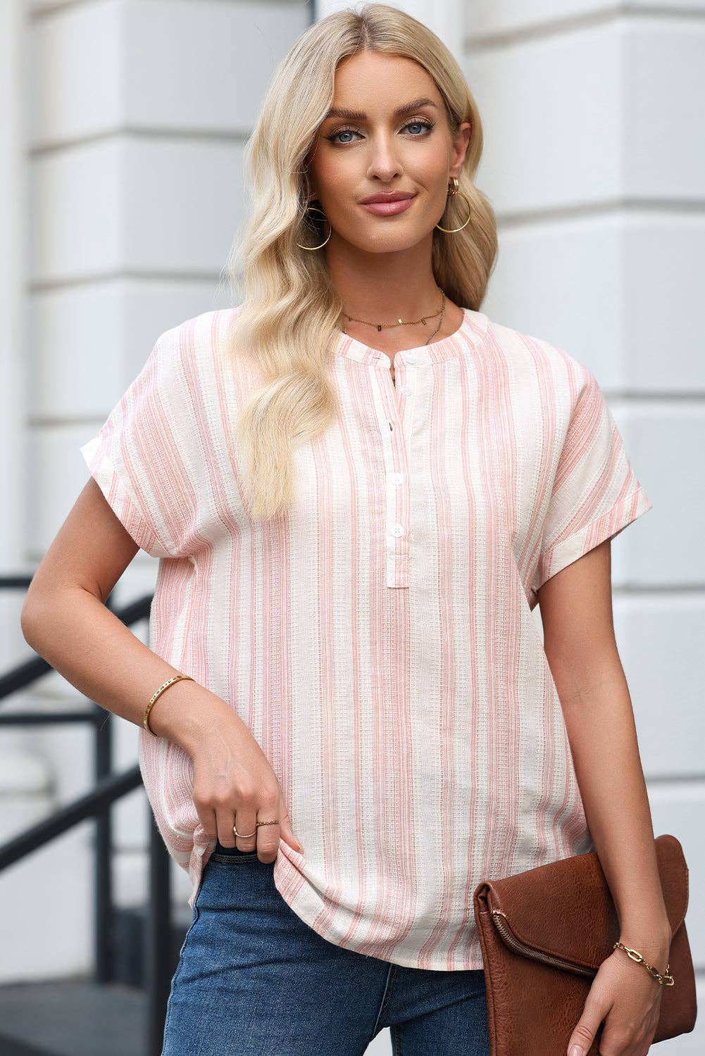 Stripe Half Buttoned Short Sleeve Blouse