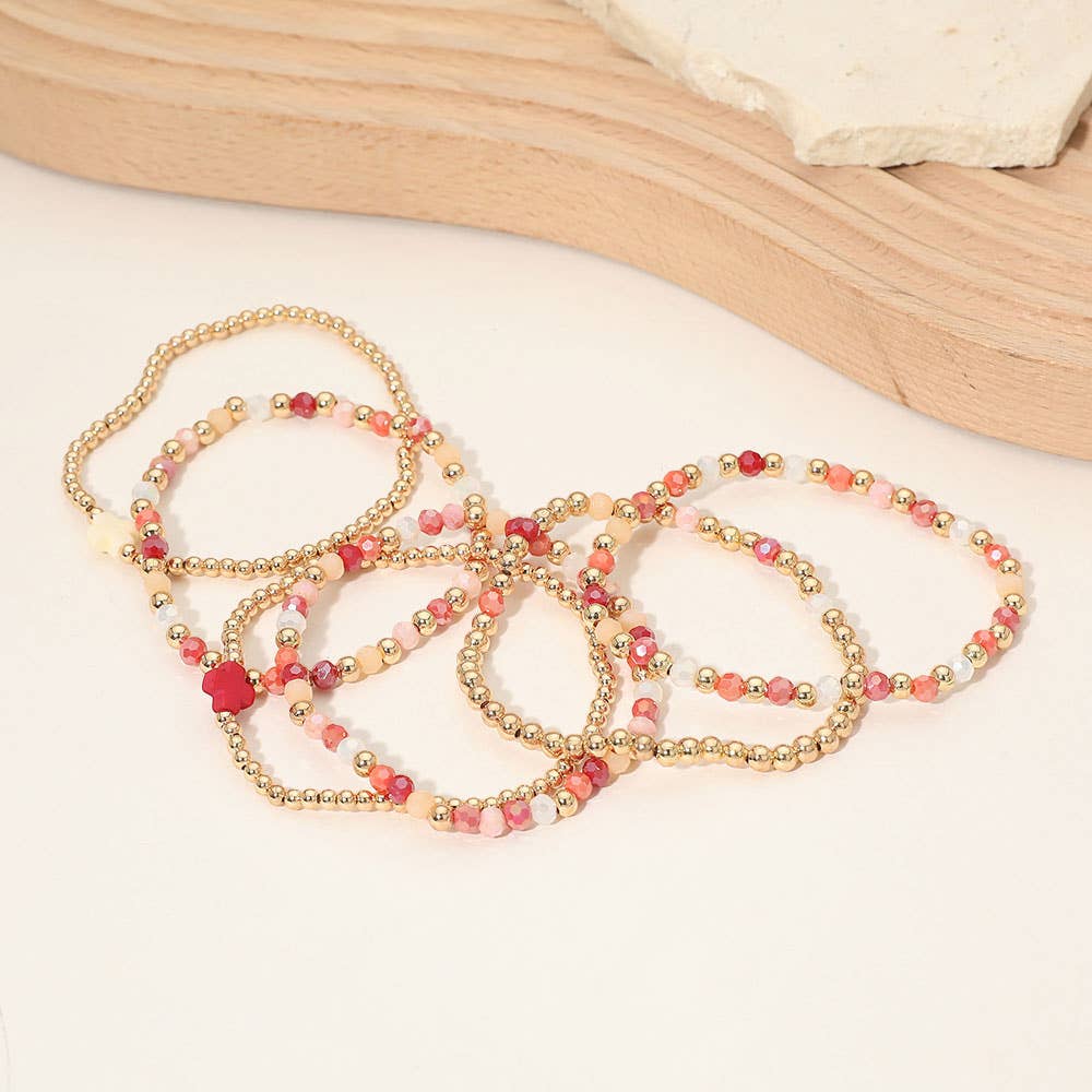 6PCS - Cross Charm Faceted Beaded Stretch Multi Layered Bracelets
