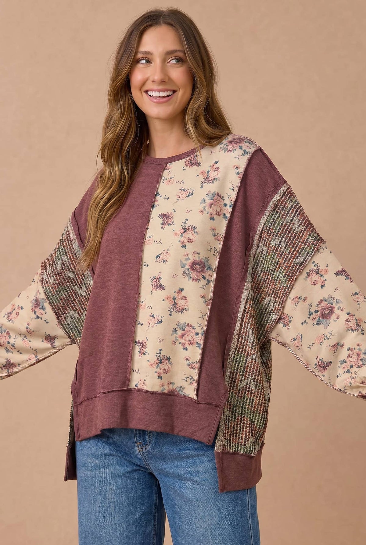 Plus Mixed Fabric Floral Waffle Knit Paneling Top