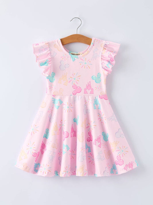 Pink Theme Park Print Girls Twirl Dress