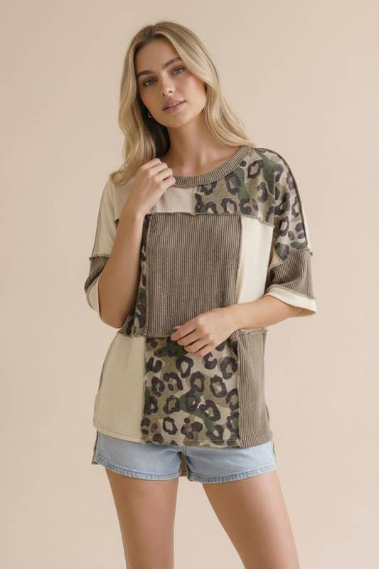 Camo Animal Print Color Block Top