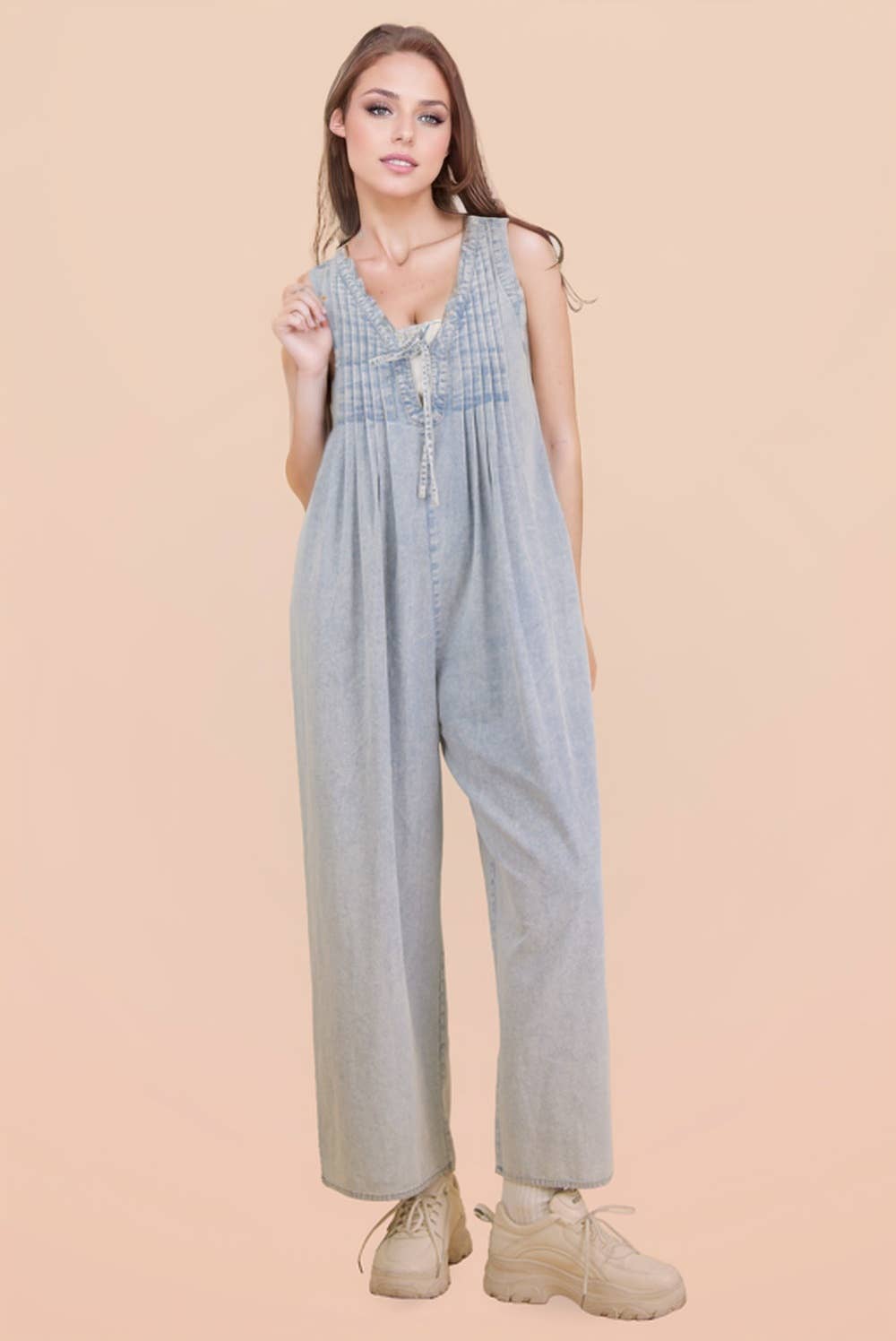 Melissa Pintuck Detail Washed Denim Wide Leg Jumpsuit