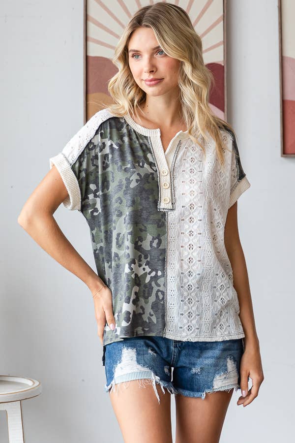 Camo Animal Lace Contrast Button Front Short Sleeve