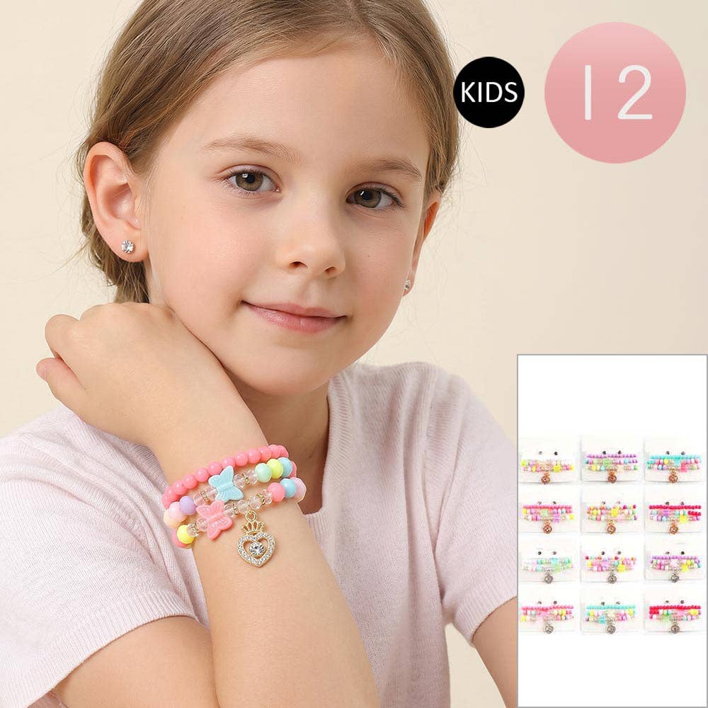 12 SET OF 4 - Kids Heart Charm Butterfly Beaded Stretch Bracelet Earring Set