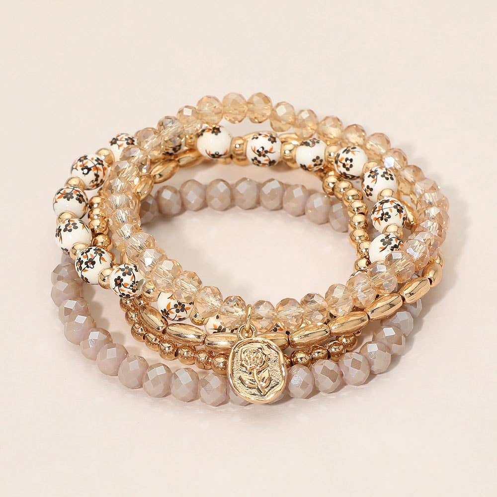 5PCS - Flower Stem Embossed Oval Charm Faceted Beaded Stretch Multi Layered Bracelets