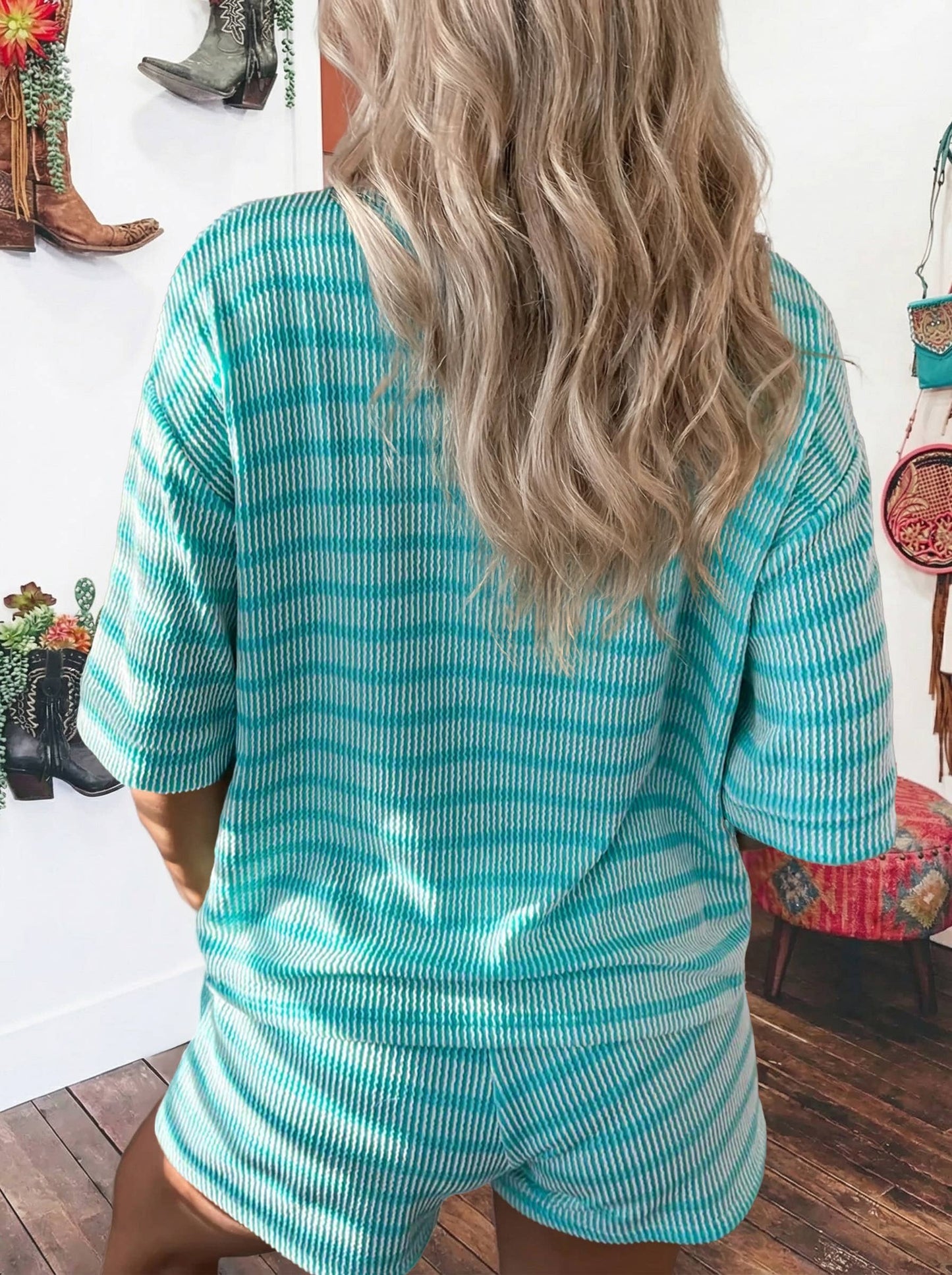 Stripe Rib Loose Tee Drawstring Elastic Waist 2pcs Short Set