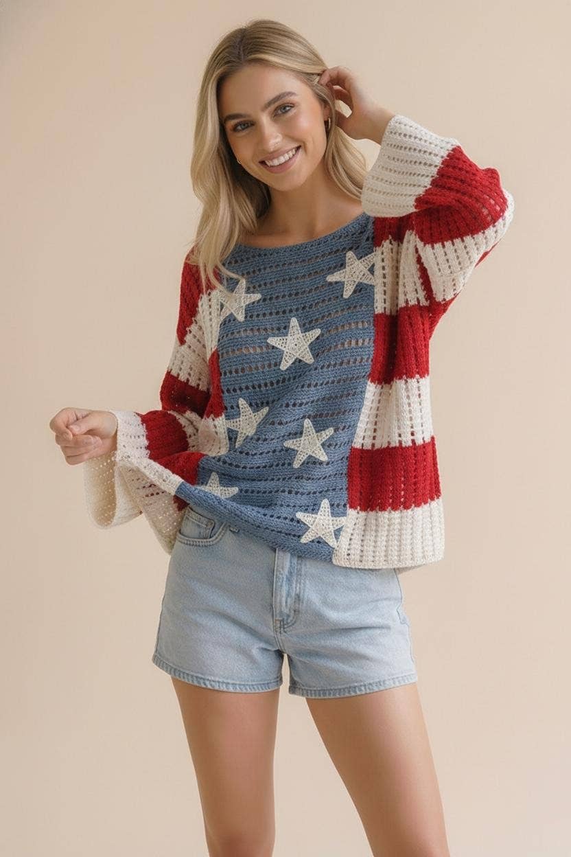 Long Sleeve Star and Stripe Crochet Sweater