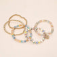 5PCS - Flower Stem Embossed Oval Charm Faceted Beaded Stretch Multi Layered Bracelets