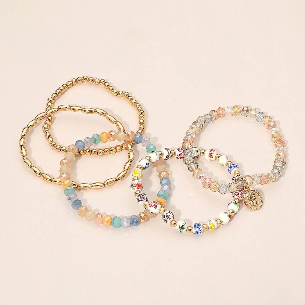 5PCS - Flower Stem Embossed Oval Charm Faceted Beaded Stretch Multi Layered Bracelets
