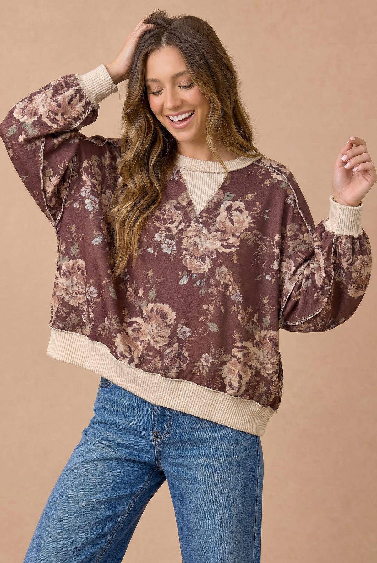 Color Block Floral Pullover Knit Top