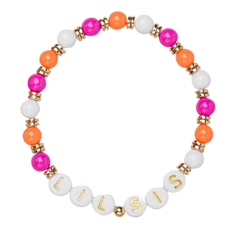 Kids Pink, Orange, White Beaded Bracelet with "Lil Sis"