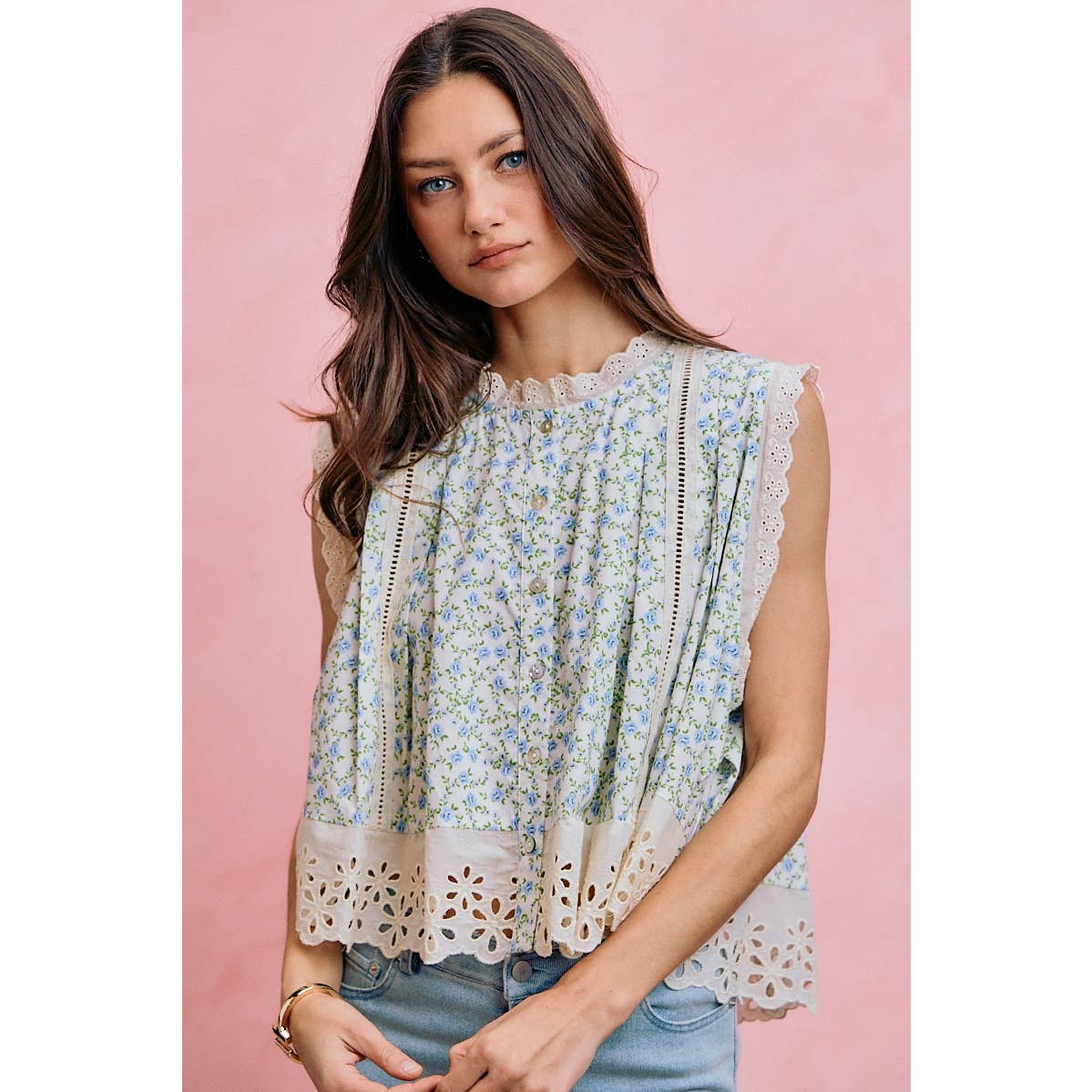 FLORAL PRINT WOVEN BUTTON DOWN TRIMMED BLOUSE TOP
