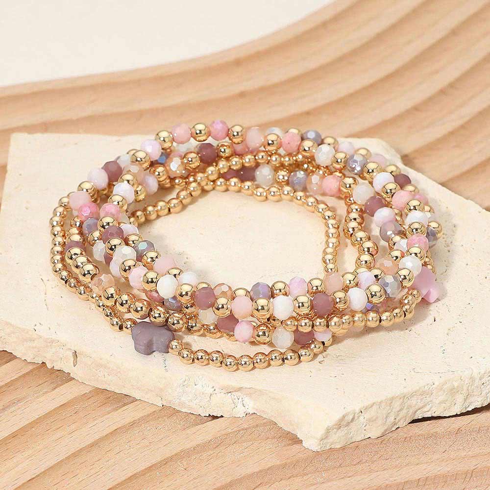 6PCS - Cross Charm Faceted Beaded Stretch Multi Layered Bracelets