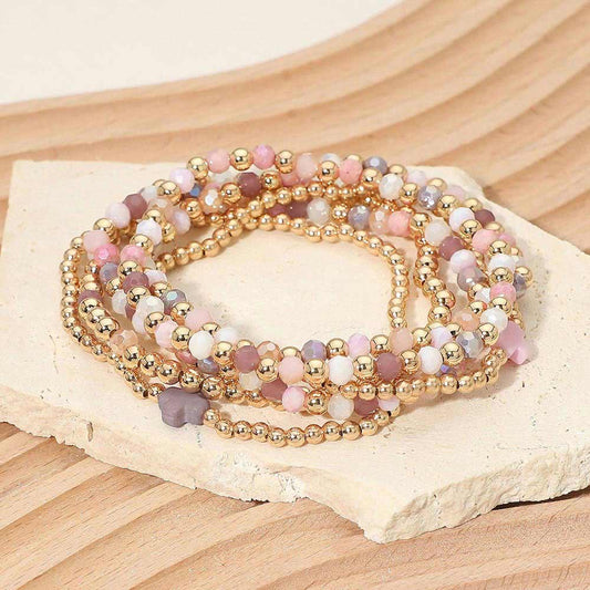 6PCS - Cross Charm Faceted Beaded Stretch Multi Layered Bracelets