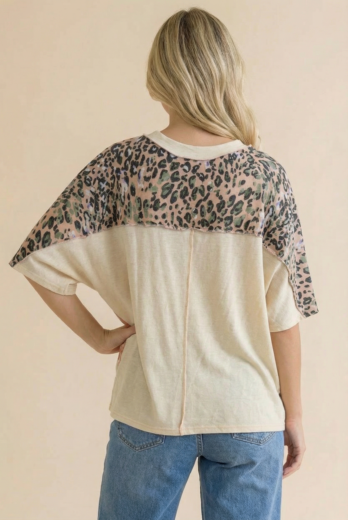 Floral Leopard Color Block Dolman Knit Top