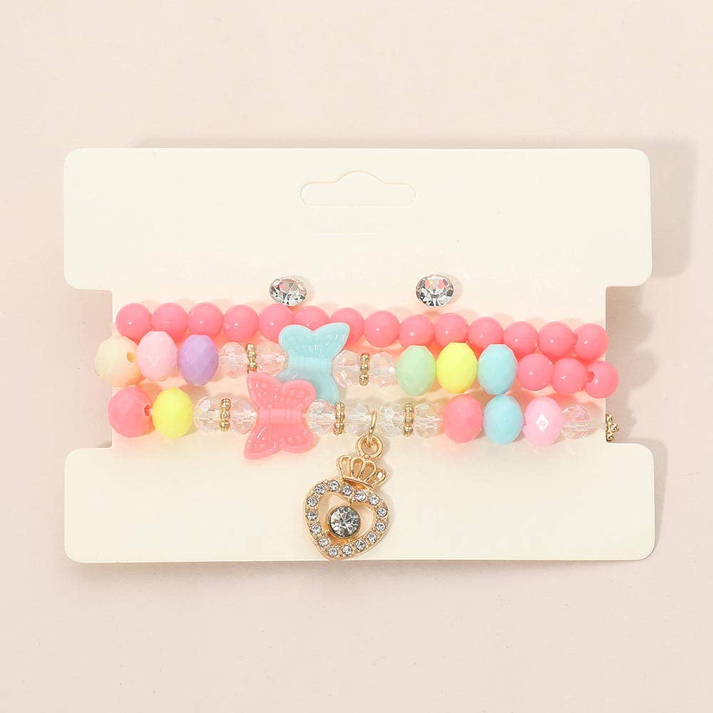 12 SET OF 4 - Kids Heart Charm Butterfly Beaded Stretch Bracelet Earring Set