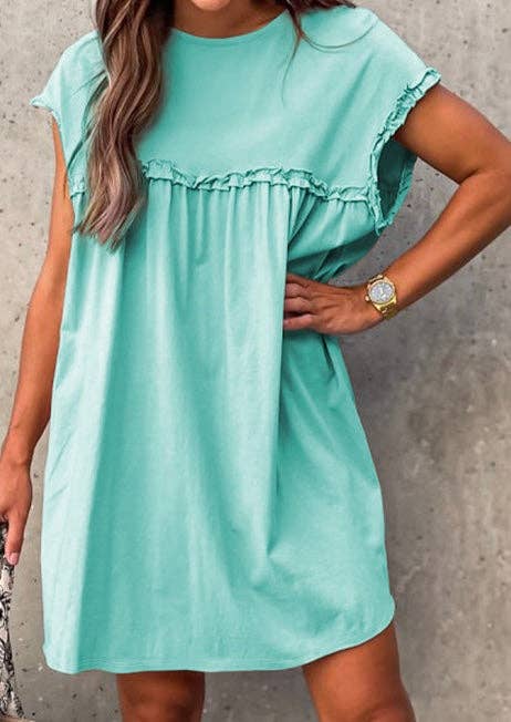 Frilled Trim Crew Neck Loose Fit Mini Dress