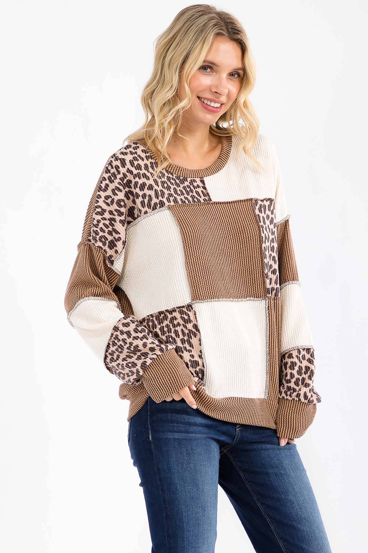 Leopard Patchwork Color Block Rib Knit Pullover Top