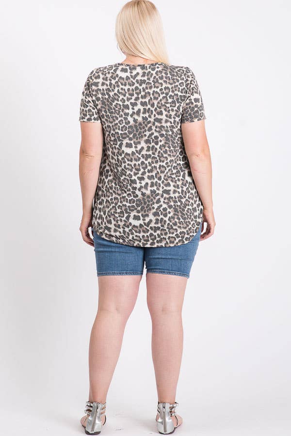 Leopard Print V neck Sequin Trim Tee