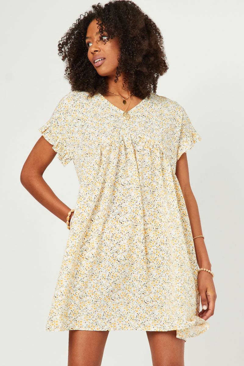 Womens Ditsy Floral Smocked V Neck Dress