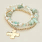 3PCS - Hammered Metal Cross Charm Pearl Beaded Stretch Multi Layered Bracelets