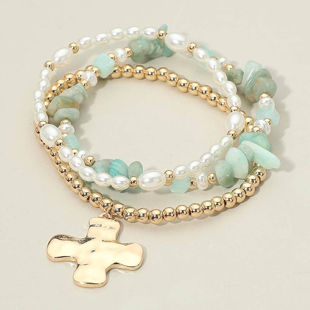 3PCS - Hammered Metal Cross Charm Pearl Beaded Stretch Multi Layered Bracelets