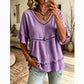 Boho Linen V Neck Blouse Eyelet Ruffle Sleeve