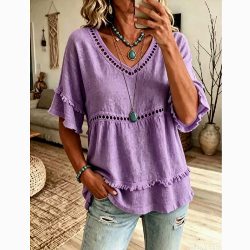 Boho Linen V Neck Blouse Eyelet Ruffle Sleeve
