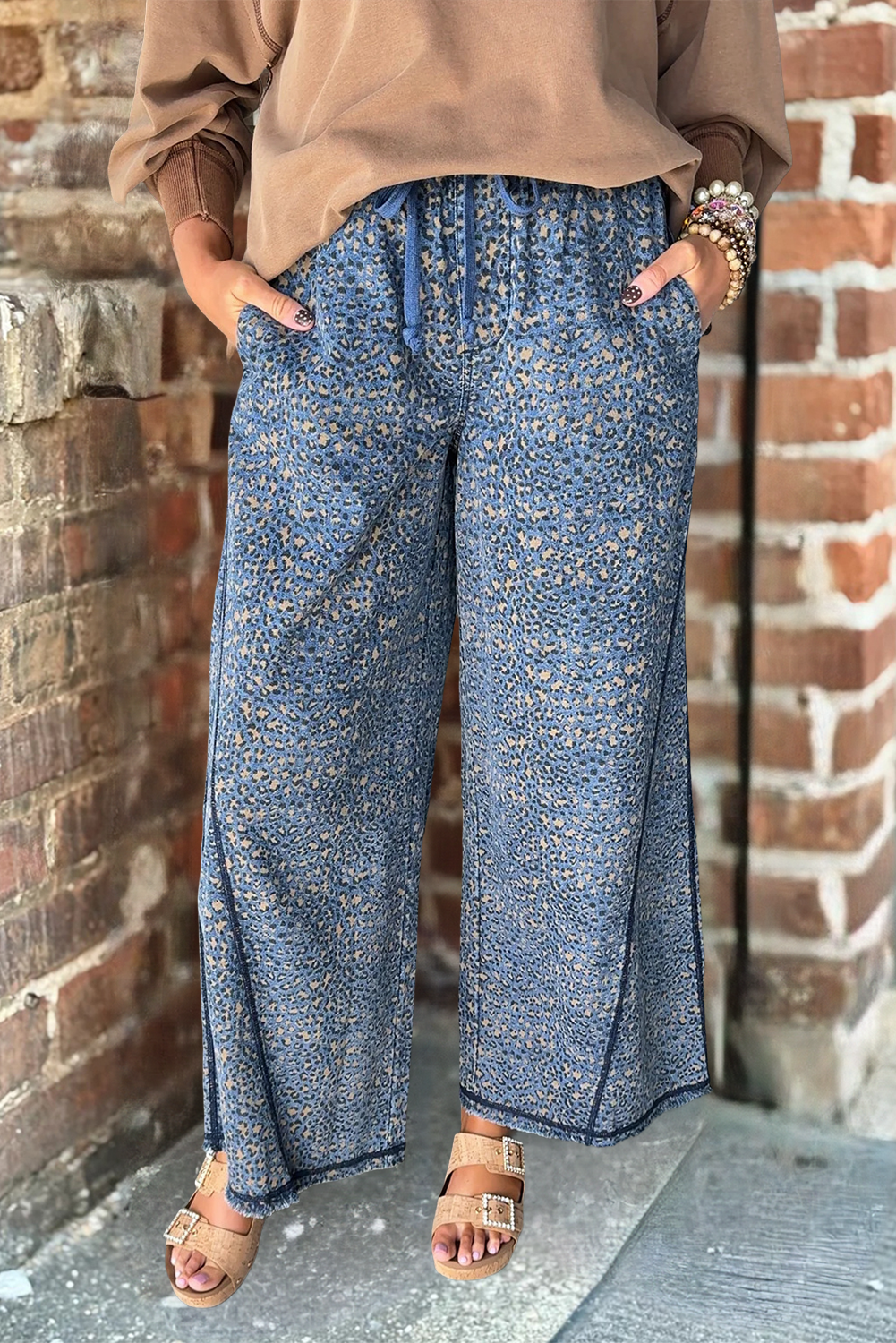 Leopard Print Exposed Seam Detail Wide Leg Drawstring Jeans