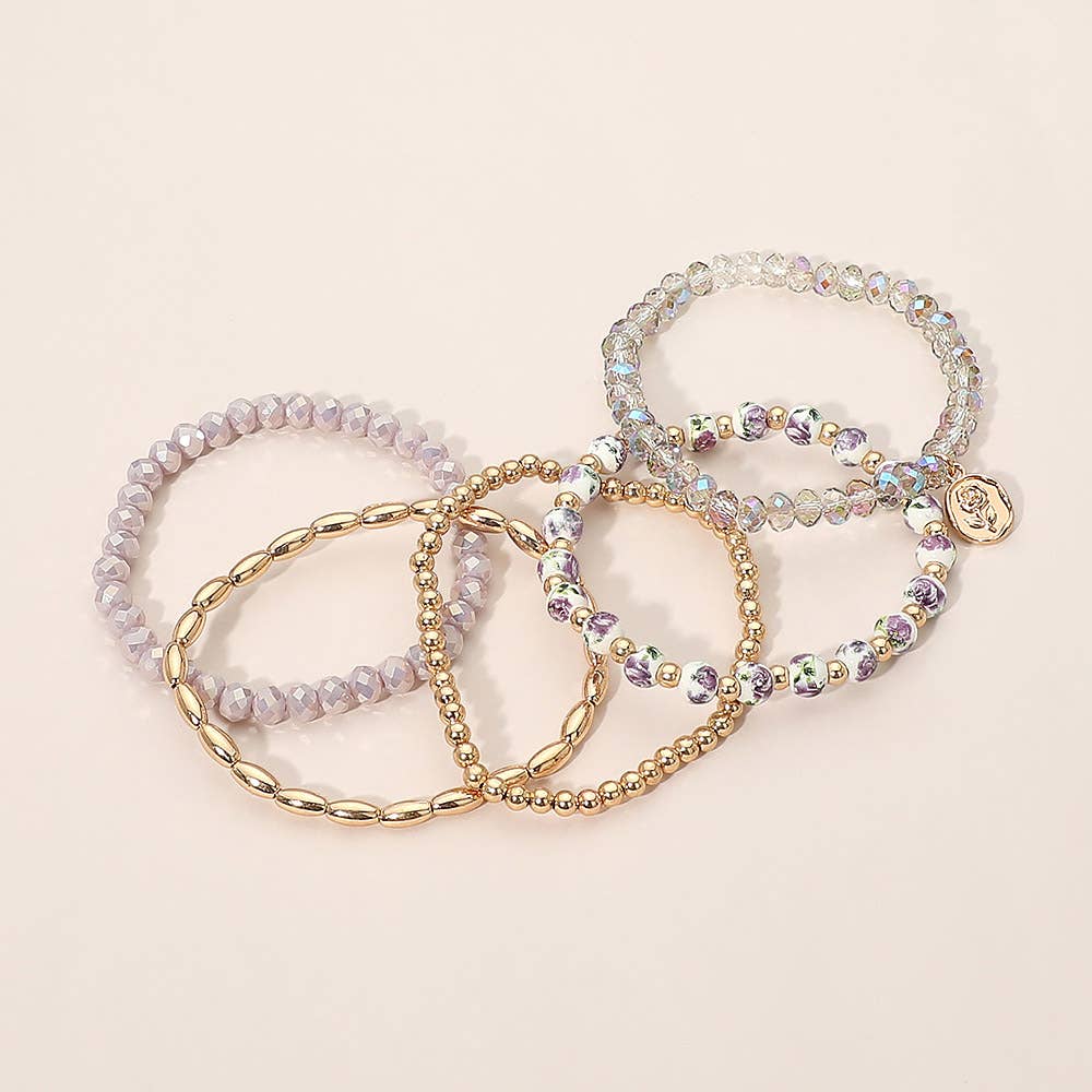 5PCS - Flower Stem Embossed Oval Charm Faceted Beaded Stretch Multi Layered Bracelets