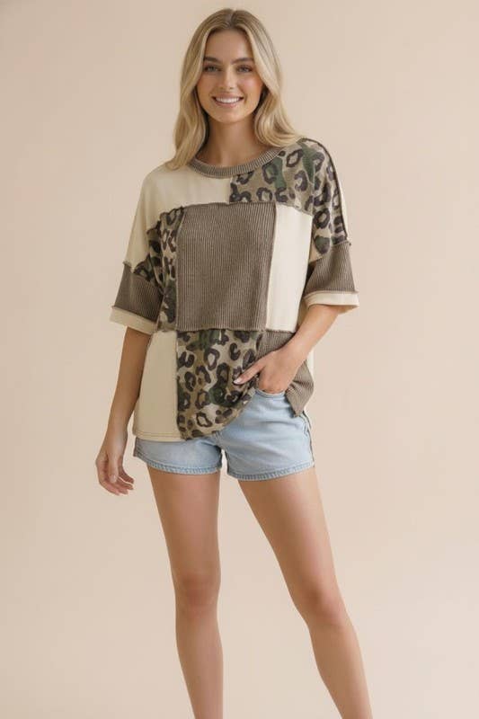 Camo Animal Print Color Block Top
