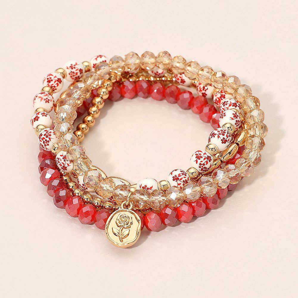 5PCS - Flower Stem Embossed Oval Charm Faceted Beaded Stretch Multi Layered Bracelets