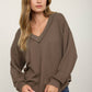 RAW EDGE V-NECK LONG SLEEVE TEXTURED KNIT TOP