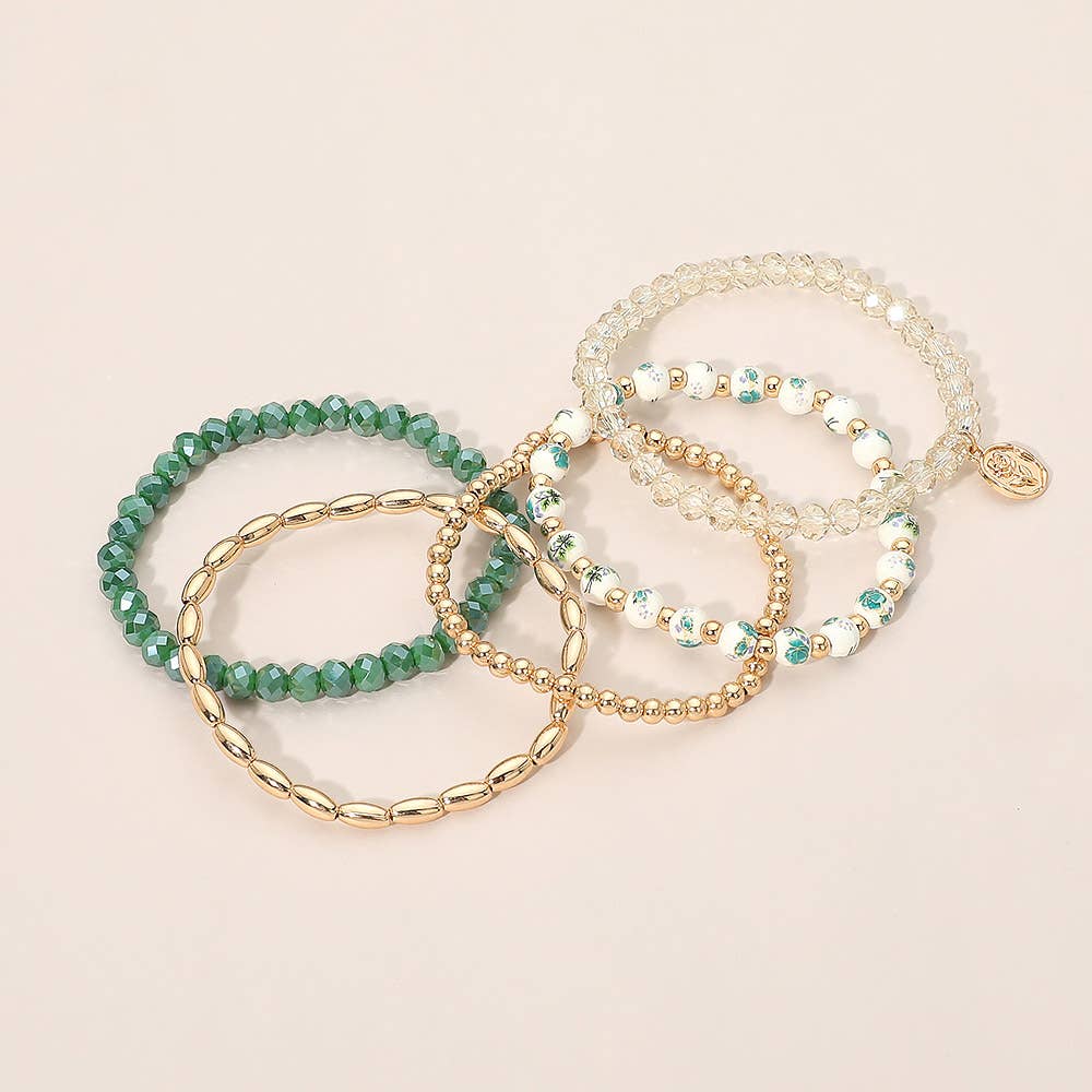 5PCS - Flower Stem Embossed Oval Charm Faceted Beaded Stretch Multi Layered Bracelets