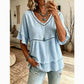 Boho Linen V Neck Blouse Eyelet Ruffle Sleeve