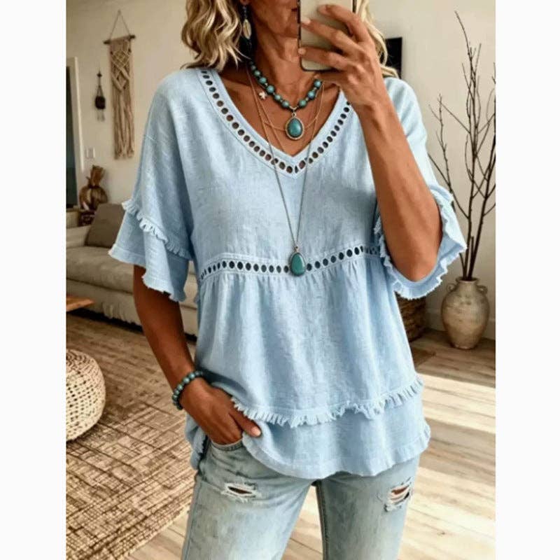 Boho Linen V Neck Blouse Eyelet Ruffle Sleeve