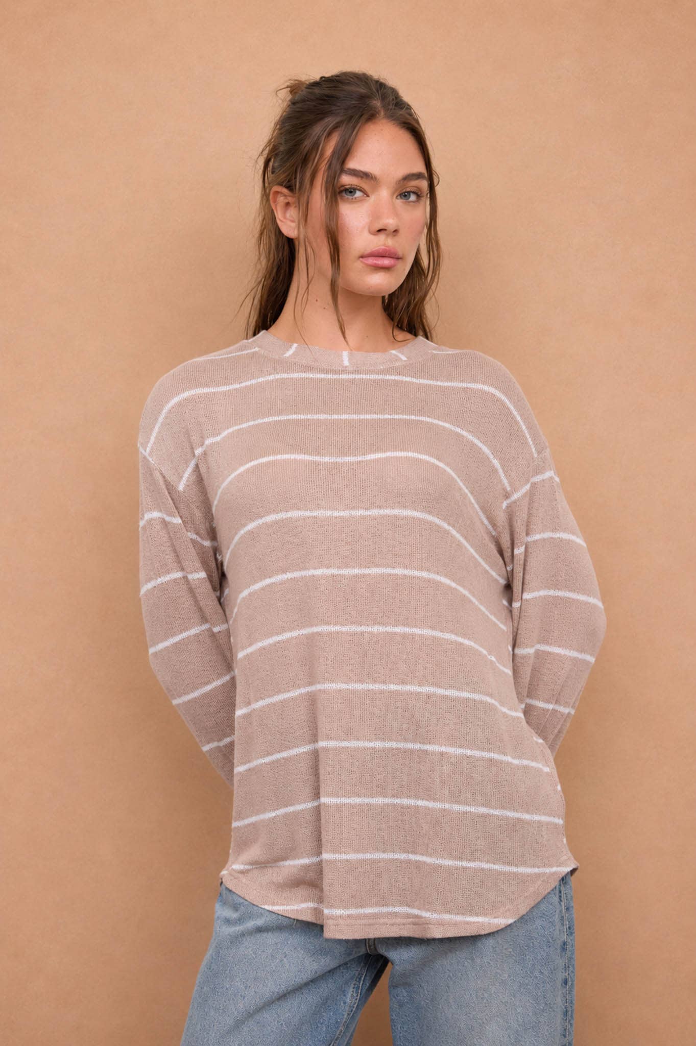 STRIPE LONG SLEEVE CUFFED RELAXED KNIT TOP