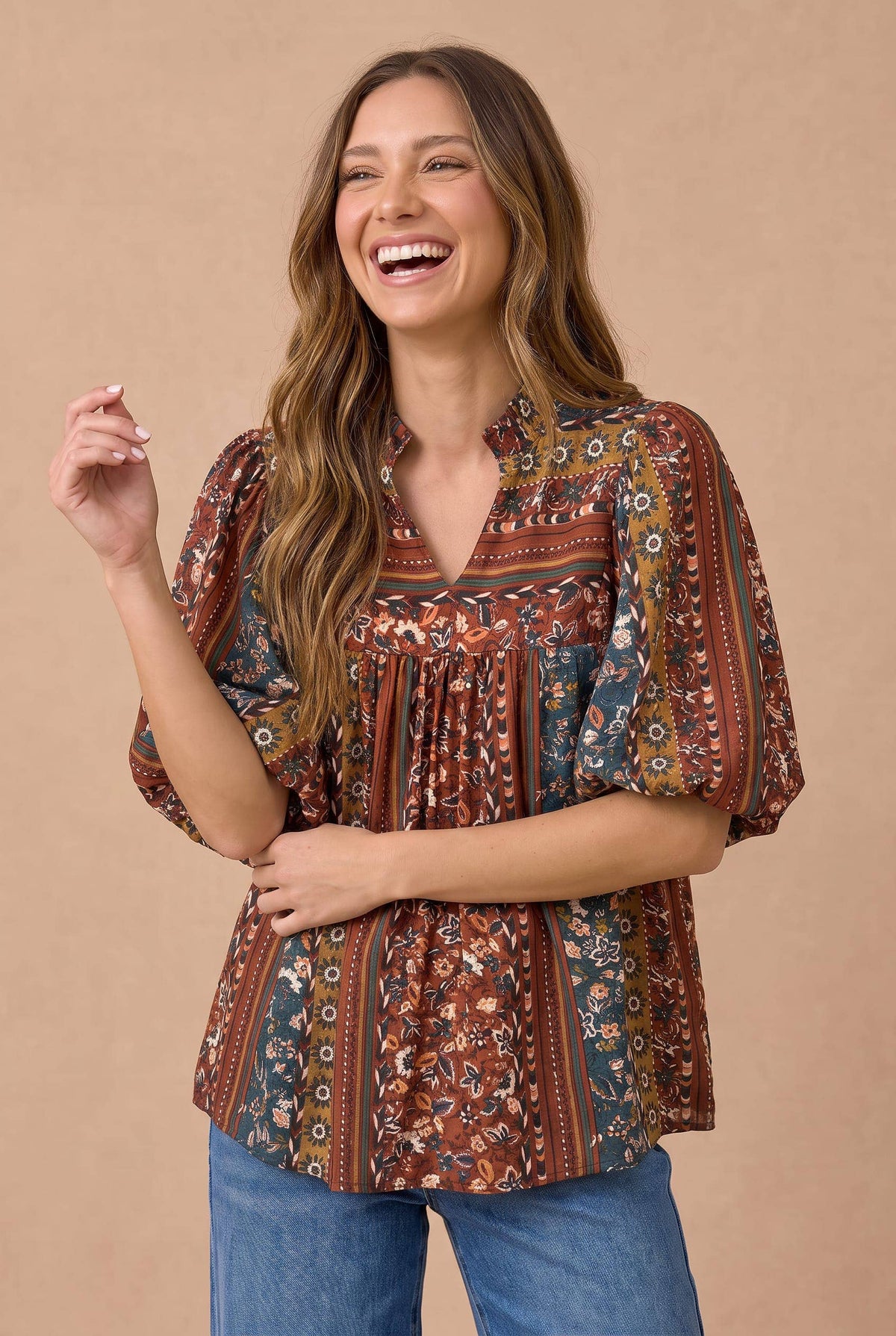 Mixed Print Notched Babydoll Top