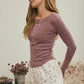 WASHED LONG SLEEVE RIBBED HENLEY KNIT TOP