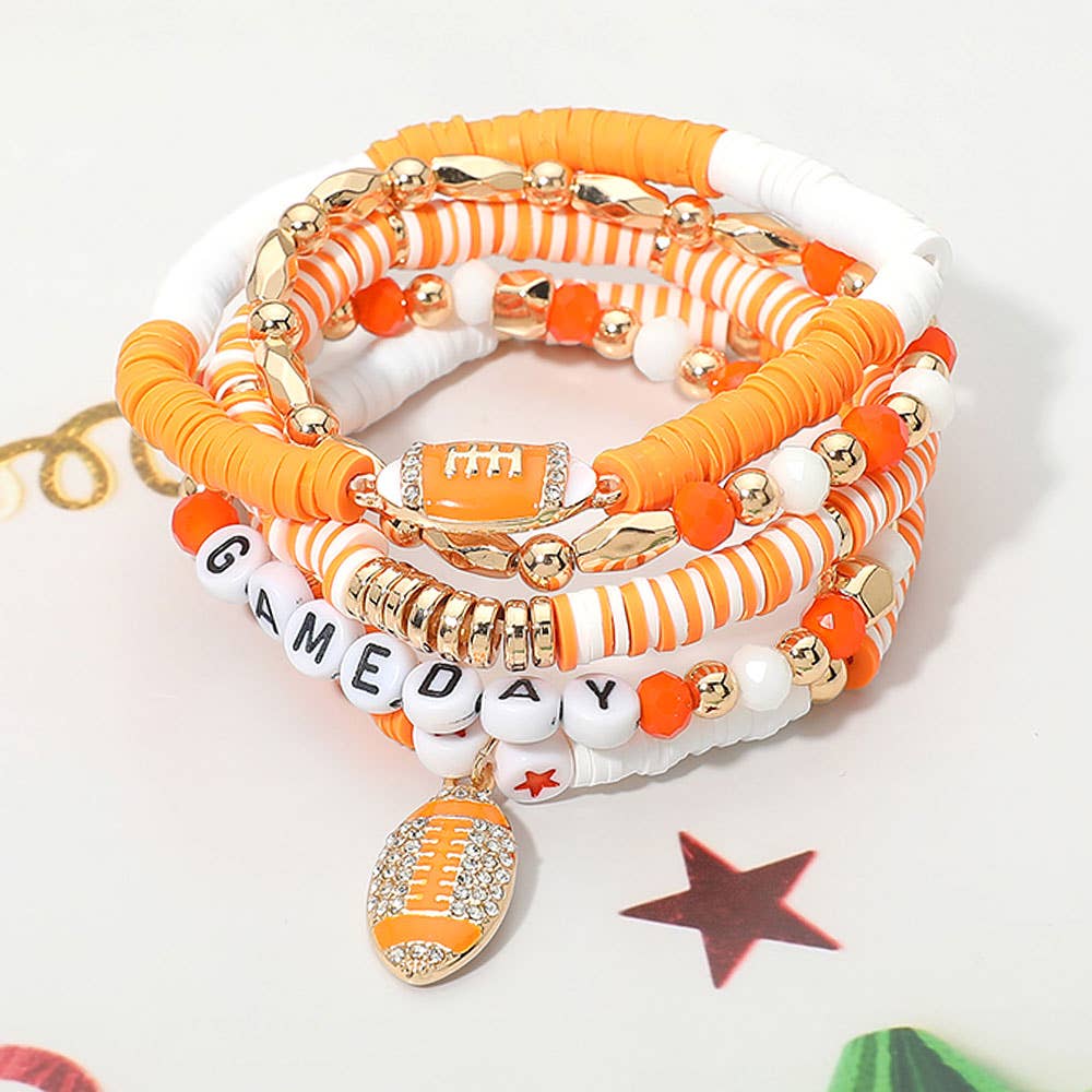 5PCS - GAME DAY Football Charm Heishi Faceted Beaded Stretch Multi Layered Bracelets